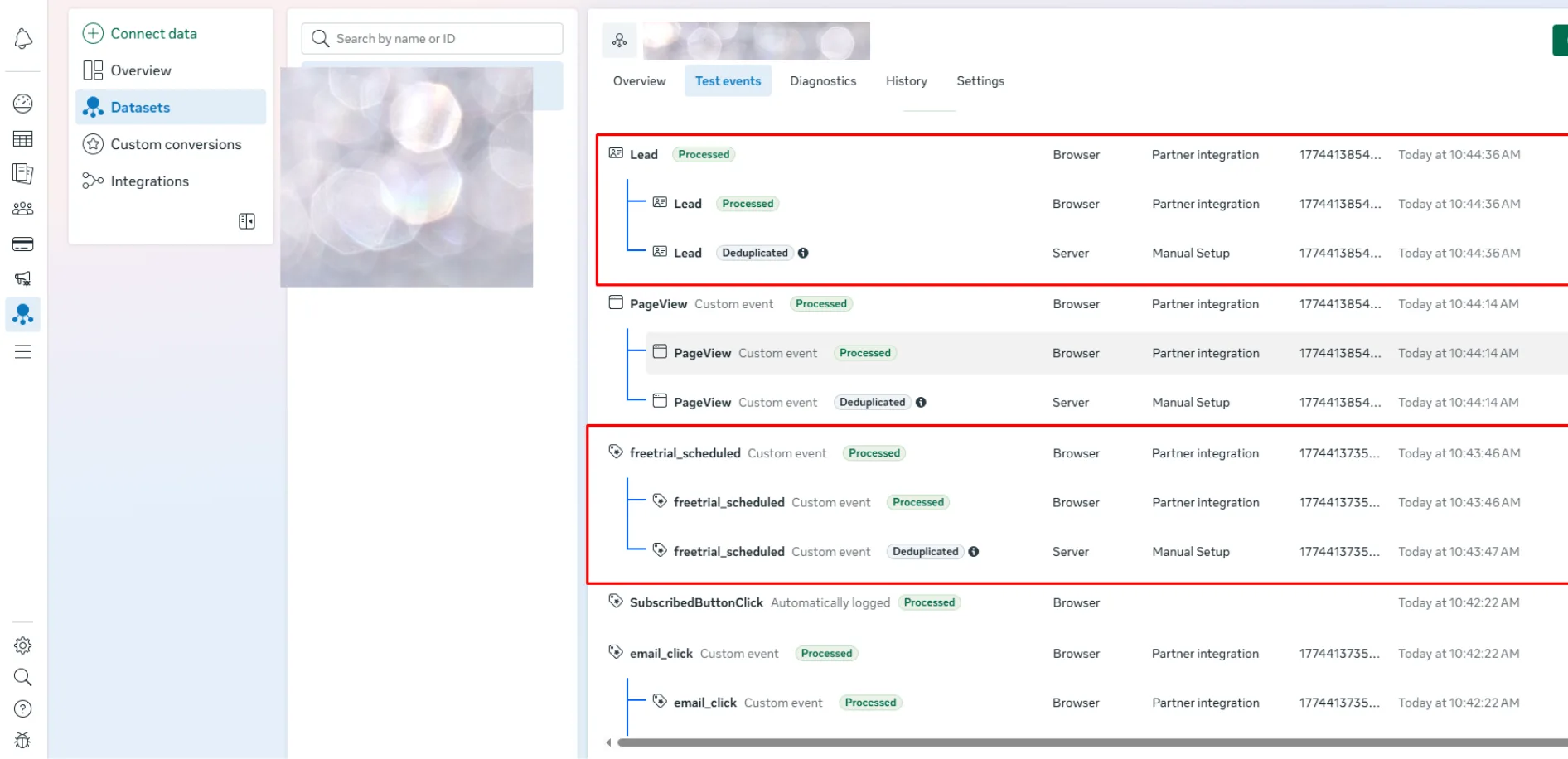 Meta Events Manager showing lead events processed from browser and server with deduplication