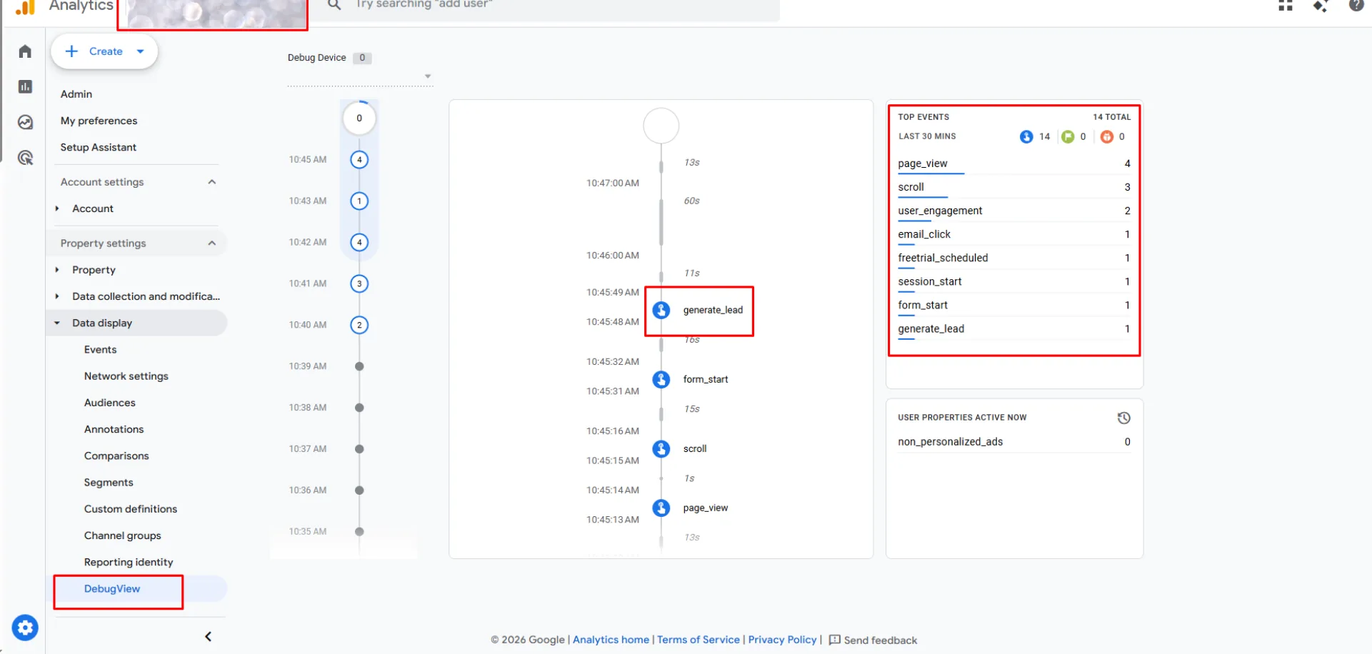 GA4 DebugView showing real-time events including generate_lead, form_start, and freetrial_scheduled