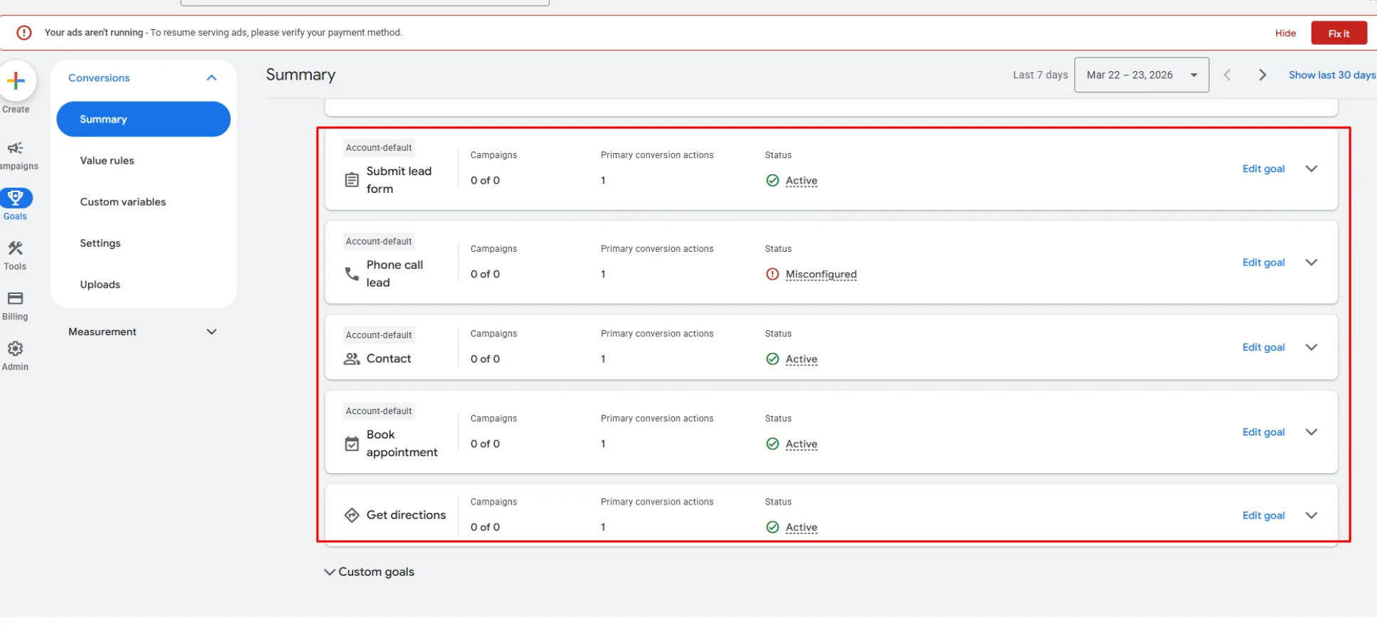 Google Ads conversion actions for lead form, phone call, contact, appointment booking, and directions