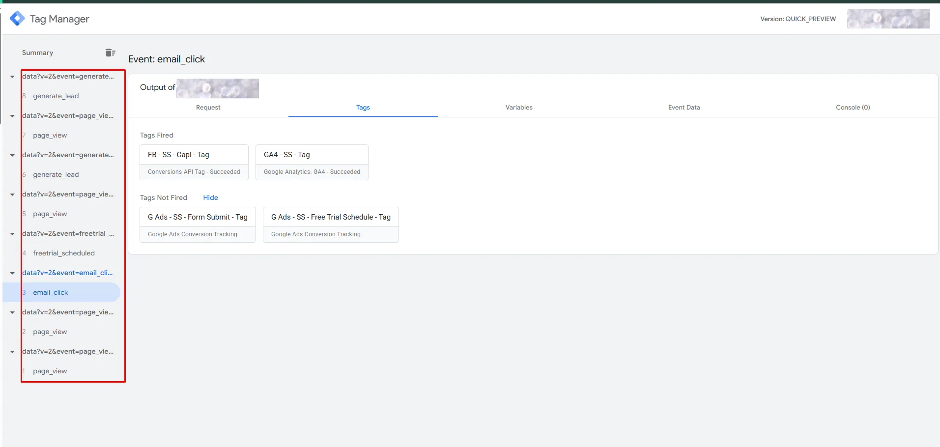 Server-side GTM preview showing GA4 and Meta CAPI server tags succeeding per event