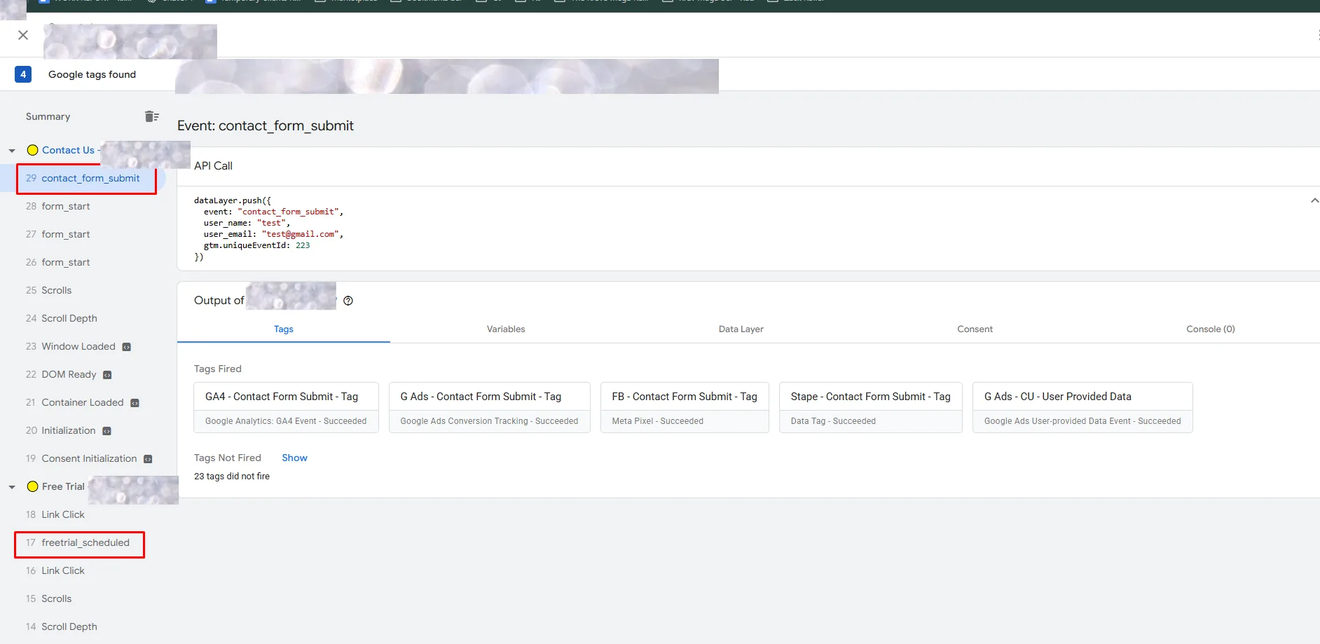 Web GTM preview mode showing tags firing on the tracked page actions
